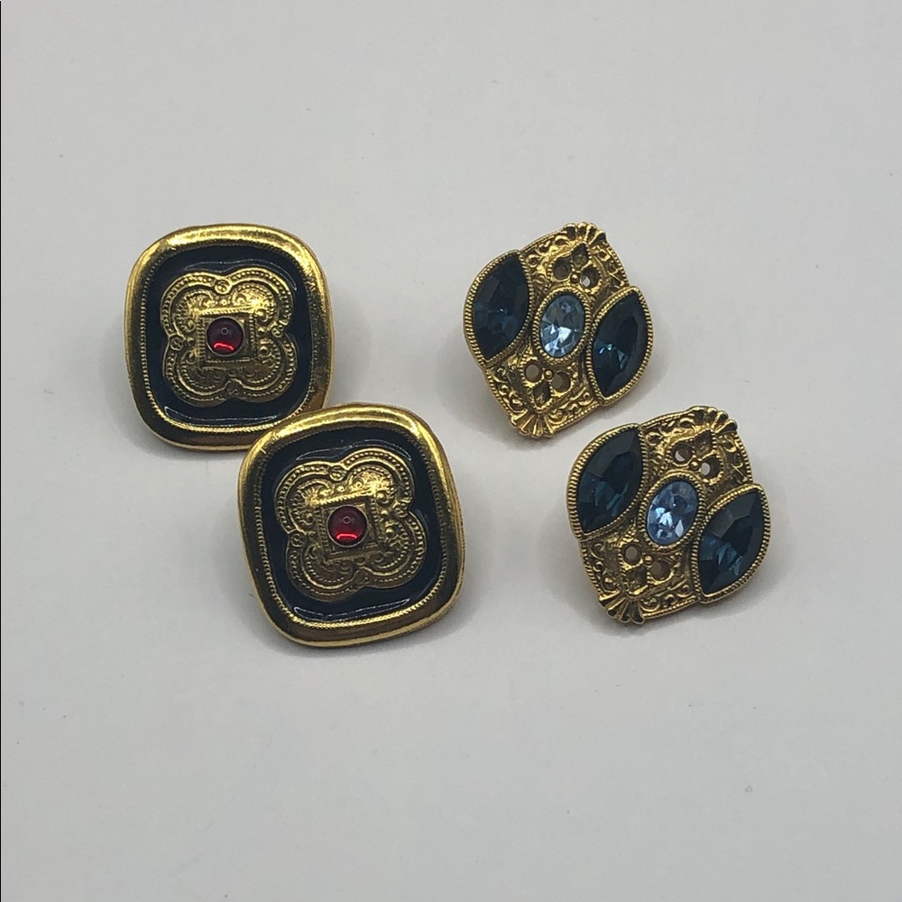 1928 brand bundle 2 vintage Victorian revival bejeweled costume earrings gold